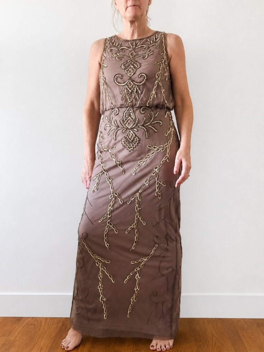 Papell Studio Beaded Gown Special Occasion Dress Size 10 Long Taupe Gold